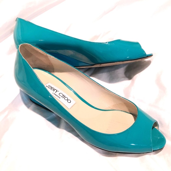 JIMMY CHOO TURQUOISE Baxen Peeptoe Patent Wedges - Picture 5 of 5